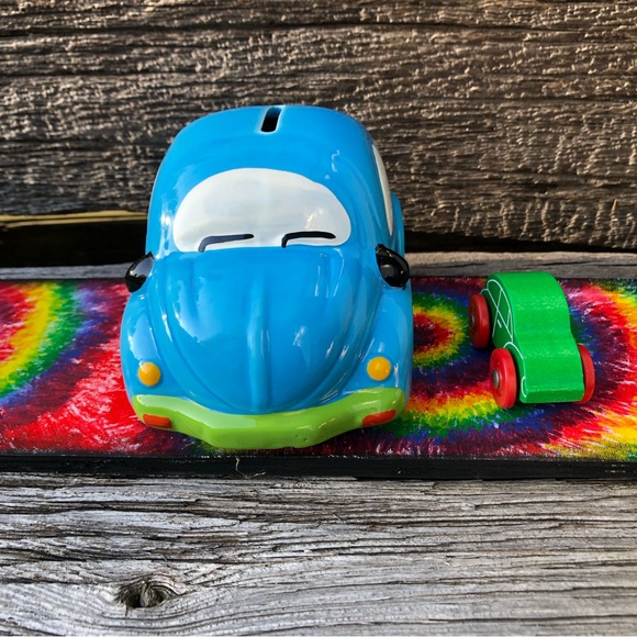 Vintage Beetle Bug VW car Piggy bank Coin Bank Vtg collectible ceramic wooden💚 - Picture 2 of 15